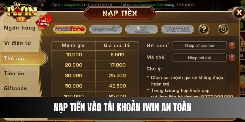 Nạp tiền vào tài khoản IWIN an toàn